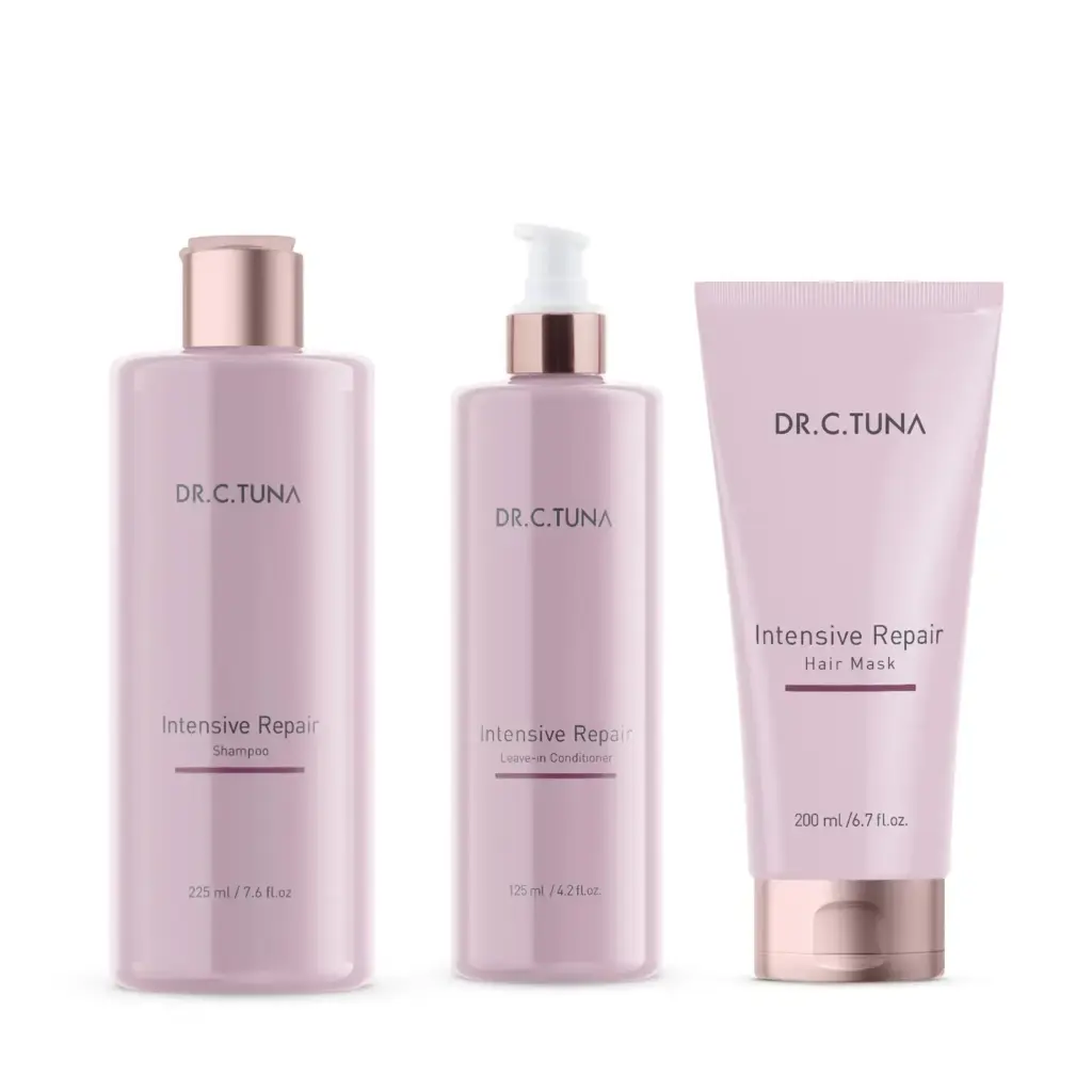 Farmasi Dr. C. Tuna Intensive Repair shampoo, leave-in conditioner, and hair mask